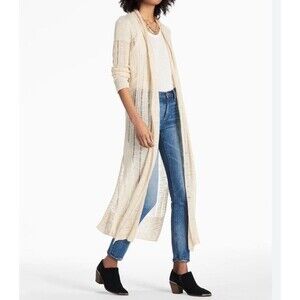 Lucky Brand Long Crochet Cardigan Duster Sweater Loose Knit Cream Sz XS Boho